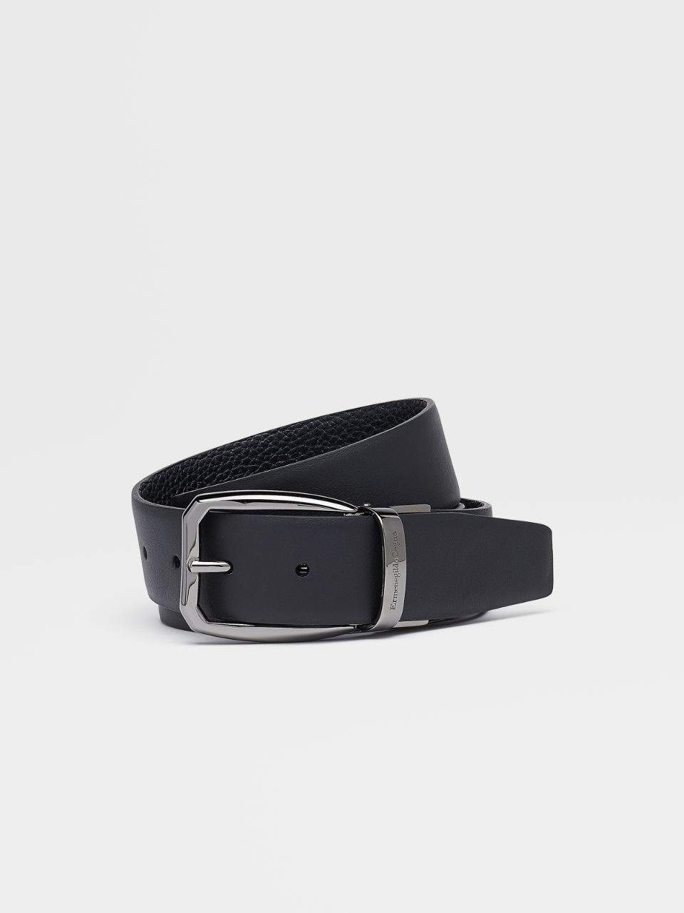 Navy Blue Smooth and Grained Leather Reversible Belt